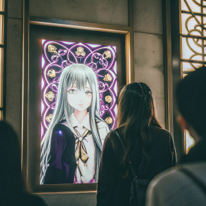 Two characters from Epic Seven, featuring long hair and large expressive faces. Set against a vibrant backdrop of swirling purple and gold patterns. Anime style artwork, rich with purple, gold, and black hues.