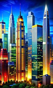 realistic evening cityscape full of luxurious buildings and glowing