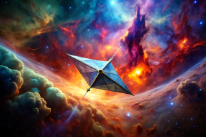 Capture the breathtaking scene of a solar sail spacecraft navigating through the mesmerizing colors of a cosmic nebula