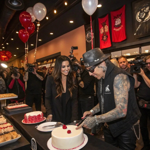 Nathalia Henao and DJ Ashba celebrating at the grand opening of Ashba Clothing Store. They're cutting a cake surrounded by guests and press.