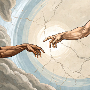 God's hand reaching out towards Adam's hand in the Sistine Chapel ceiling fresco. Artwork depicts the moment of creation with intricate and detailed brushstrokes.