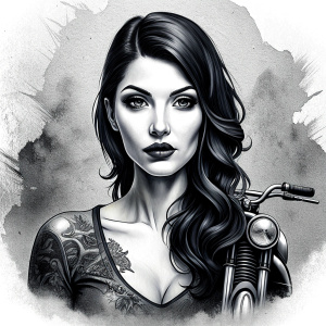 motorcycle bikerlady tattoo design - perfect realistic art - high-definition - grey and black - white background 