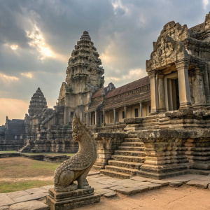 Ancient ruins in the heart of Angkor Wat, Cambodia. A massive stone temple complex adorned with a stunning, detailed stone dragon sculpture at its base. Weathered stones with unique textures and patterns create a dramatic setting.