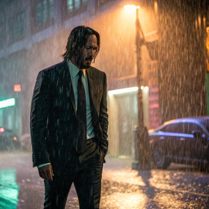 Promotional photo for John Wick: Chapter 4. Keanu Reeves standing in a rain-drenched alley. Golden hour lighting casts a dramatic, atmospheric scene.