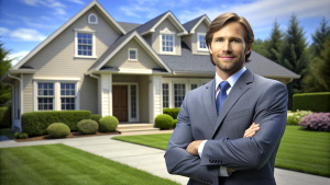 Confident American man real estate agent stands proudly outside a modern home, radiating expertise and approachability, ready to assist potential house buyers