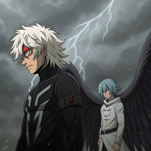 Shigaraki Tomura and Archangel from My Hero Academia. Dark, moody backdrop with stormy clouds. Anime style illustration focusing on the characters' features. Main colors are black, gray, and white.