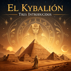 Digital art cover for 'El Kybalion Tres Introducidos'. Warm golden hues. Ancient Egyptian pyramid at center. Intriguing and mysterious, with title 'El Kybalion Tres Introducidos' at top.