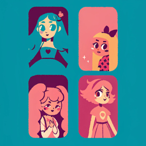 A digital art portfolio showcasing a variety of anime-inspired illustrations. Each character design is unique with diverse outfits and vibrant colors. The artwork is neatly organized into themed sections.