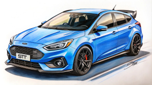 Ford Focus st edition de color azul con techo negro, sin tomas de aire en el capo. con los detalles en negro.Texto que ponga ST 