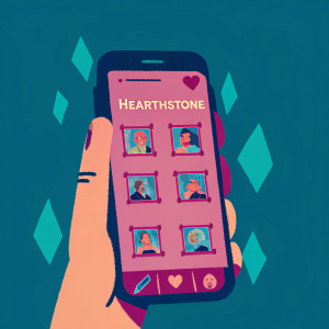 A smartphone screenshot showcasing a game of Hearthstone. Dark background with glowing UI elements