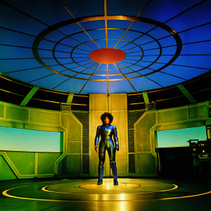 Riri Williams, a.k.a. Ironheart, stands in a futuristic tech lab. She wears a sleek, metallic suit with blue glowing accents. The lab is dimly lit, with only the blue circular light from a holographic display casting a glow around her.