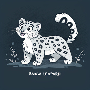 Cartoony snow leopard illustration. Playful design, black and white drawing. Dark background. Information about snow leopards in modern font.