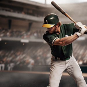 Stephen Piscotty, MLB player, wearing his green Oakland Athletics jersey, striking a batting stance. Dynamic photo, blurred crowd and dugout in the background
