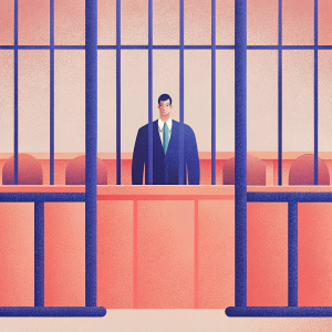 Portrait of Pablo Escobar. Wearing a dark suit and green tie. Behind bars in a modern courtroom setting.