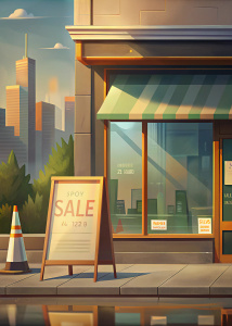 Seattle bookstore window during sunny morning. Blank sign above the window. Sandwich board that says "sale"