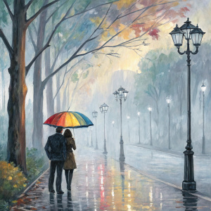 Leonid Afremov's stunning painting of a rainy street. A couple under a vibrant umbrella. Colors blend in a dreamy, abstract style.