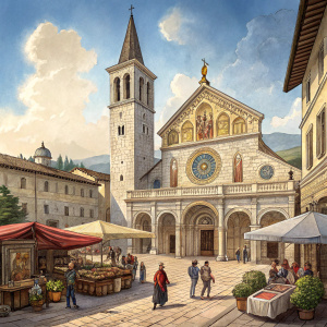 In a bustling market square, the grand Spoleto Cathedral stands tall. Surrounded by vibrant stalls and lively crowds, the cathedral's facade boasts intricate arches and a towering spire. The central portal, adorned with a majestic religious mosaic, catches the eye amidst the neutral tones of its stone facade. A clear blue sky above.
