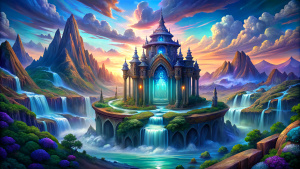 elegant heaven background, a glass palace, mountains, rivers