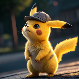 Close-up of Pikachu from Detective Pikachu, digital rendering. Dynamic pose, focused expression. Dark, blurred background.