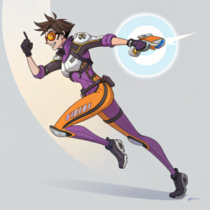 Overwatch character, Tracer, intense pose. Lithe figure, athletic build. Purple and orange hues. Minimalist gray backdrop.