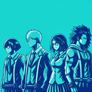 Line drawing of My Hero Academia characters. Flat illustration style with bold outlines and minimal shading. Characters depicted in a row, each with unique features, expressions, and poses. Wearing a mix of hero uniforms and casual attire.