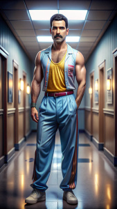 Crazy Freddie Mercury, standing  happy in a crazy hospital, smiling, funny outfit, skinny,  8K, best quality, ultrarealistic