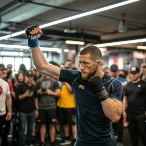 Eric Spicily, UFC fighter, flexing in a crowded gym. Sportswear, intense atmosphere