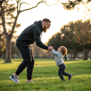 Conor McGregor, dressed in casual attire, playing with his child in a park. Green grass and trees in the background.