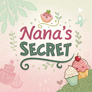 Header for 'Nana's Secret', a cheerful design with playful logo in pastel colors. Green and pink dominate the background, text is inviting.