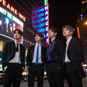 EXO members in black suits, white shirt, blue tie. Standing in front of neon lit Times Square, night