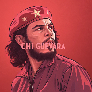 A vibrant digital illustration featuring a modern take on Che Guevara, known as 'Chi Guevara'. Bright, bold colors, primarily deep red, dominate the composition. The figure wears a star-patterned cap and projects a focused demeanor. Artist's signature bold, red text reads 'Chi Guevara' over a solid red backdrop.