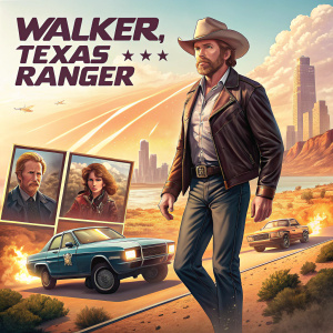 Movie poster for 'Walker, Texas Ranger'. Chuck Norris, central figure, flanked by multiple smaller images showcasing key scenes from the film.