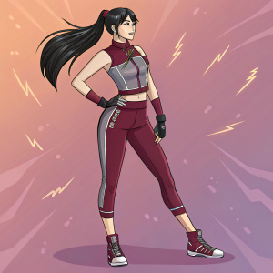 Digital art featuring Xiaoyu from Tekken. Slender build, youthful appearance. Long black hair, assured pose. Wearing maroon and gray athletic outfit with gloves and high heels. Background is vibrant, contrasting with her attire.