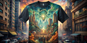 t-shirt art  death metal album, CD, IMPACTATED, 
black waves from silk on background, in center wooden podium, shooting angle from above hyperdetailed 3d matte painting, deviantart, 8k, high resolution, concept Image of SPIRITS, ECTOPLAMS  DECOMPOSITION  DOMINATS walking down the street in a big city, everyone with their heads down and staring at their screens runnning to viewer arms up in air, very dark city with dark atmosphere, make text very large "SPIRITUAL CARNAGE"