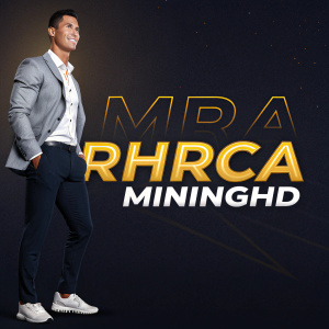 Promotional banner for MrHRCA miningHD. Cristiano Ronaldo on left, dark background. Bold stylized font with glowing accents