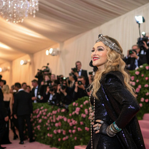 Madonna, dressed in a shimmering black sequined outfit, wearing a bindi, poses for photographers at the Met Gala. Surrounded by fans