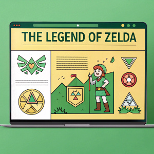 Homepage of The Legend of Zelda fan site. Vibrant green background with iconic game elements such as characters, symbols, and text descriptions. Information is structured with a clear hierarchy for easy navigation.