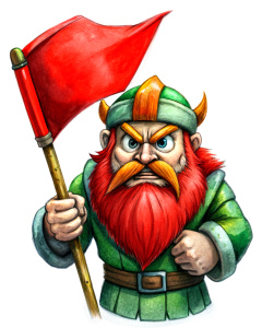 angry and bad dwarf illustration, red accessories, lifting a red flag, vintage cartoon effect, white background