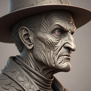 Digital 3D render of Freddy Krueger. High-definition close-up of his face, showcasing intricate details and textures. Grayish tones, emphasizing facial contours and features.