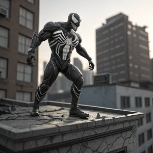 Digital illustration of a 3D render of a Venom figurine. Standing on a cracked urban rooftop. Black and white colors. Zigzag patterns. Menacing facial features. Venom suit details. Action-packed pose.