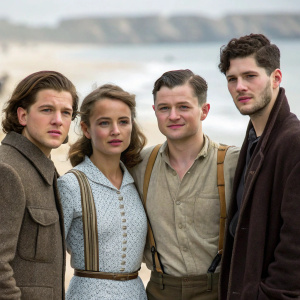 Kit Harington, Alicia Vikander, Taron Egerton, and Colin Morgan on the set of 'Testament of Youth', posed for a promotional still.