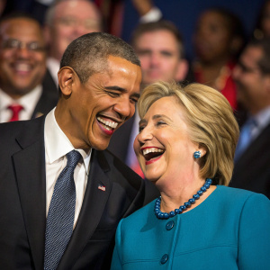 Barack Obama and Hillary Clinton laughing together at political fundraiser. Surrounded by supporters in suits and dresses.