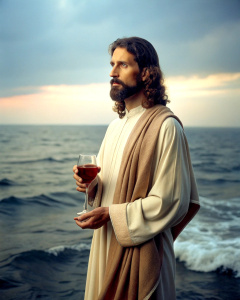 cinematic still, Jesus, standing on the water, in a robe, a glass of red wine in his hand, against the backdrop of the ocean 