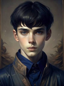 портрет в темных оттенках взрослого парня короткими черными волосами, прическа шторы, очень светлая кожа, синяя одежда