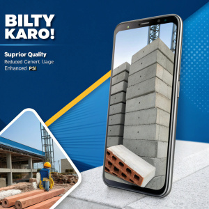 Digital ad showcasing BILTY KARO!, featuring a sleek smartphone screen displaying construction materials. Bold blue background with benefits highlighted: superior quality, reduced cement usage, enhanced PSI.