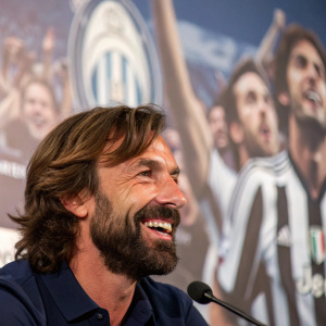 Andrea Pirlo, bearded and with brown hair, smiles at the press conference. A blurred backdrop of cheering fans.