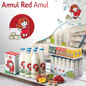 Amul brand promotional infographic. Highlights Amul logo and packaging designs. Red Amul girl logo, milk products in assorted packaging sizes and colors. Detailed logo characteristics description.