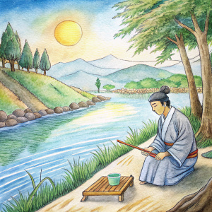 ortaçağda nehir kenarında taş yontan güneşli bir günde japon adam japon sanatı
