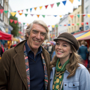 Frank Finlay and Charlotte Coleman smiling at a bustling street festival, both in casual outfits.