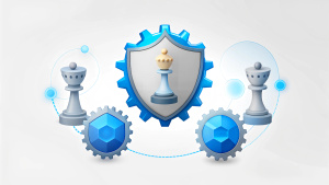 Business Process, gears and Shields, and chess pieces in a background
